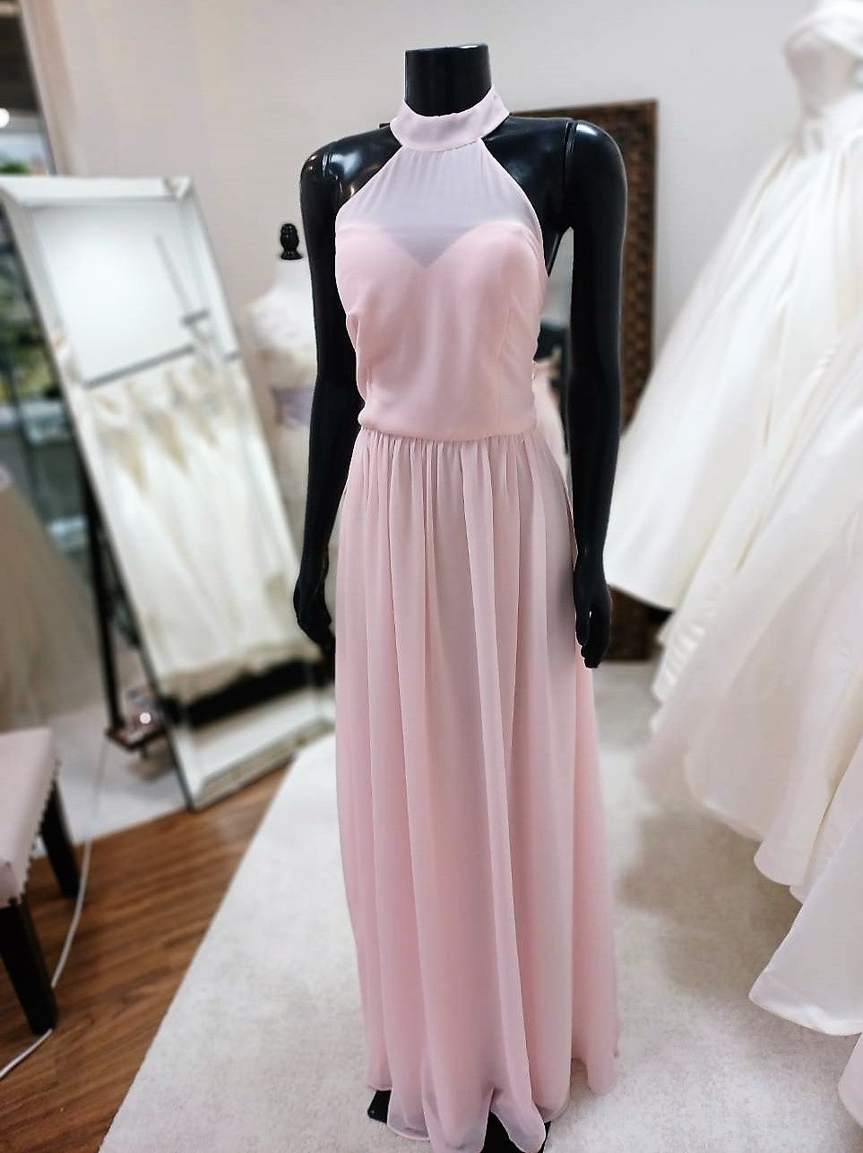 BM016 - Chiffon Blushing Pink Halter SweetHeart Illusion Neckline Bridesmaid Gown