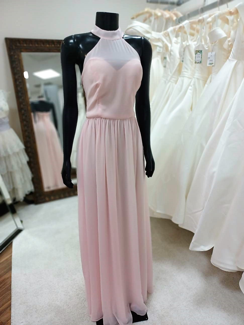 BM016 - Chiffon Blushing Pink Halter SweetHeart Illusion Neckline Bridesmaid Gown