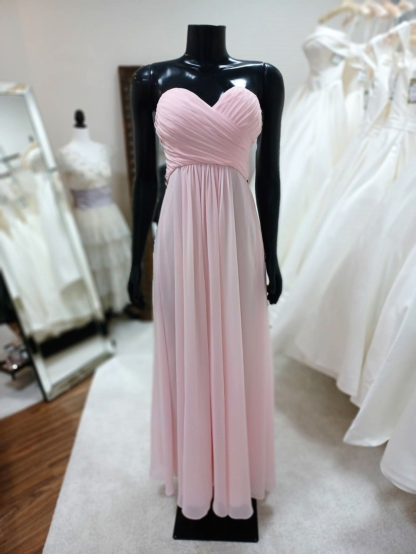 BM012-Chiffon Blushing Pink Strapless Bridesmaid Dress